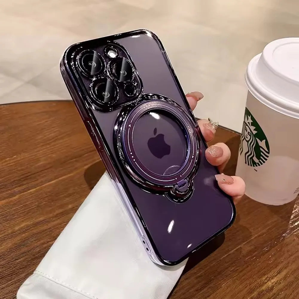 Luxury For Magsafe Bracket Case For iPhone 16 15 14 13 12 11 Pro Max 16 15 Plus Magnetic Ring Stand Holder Clear Acrylic Cover