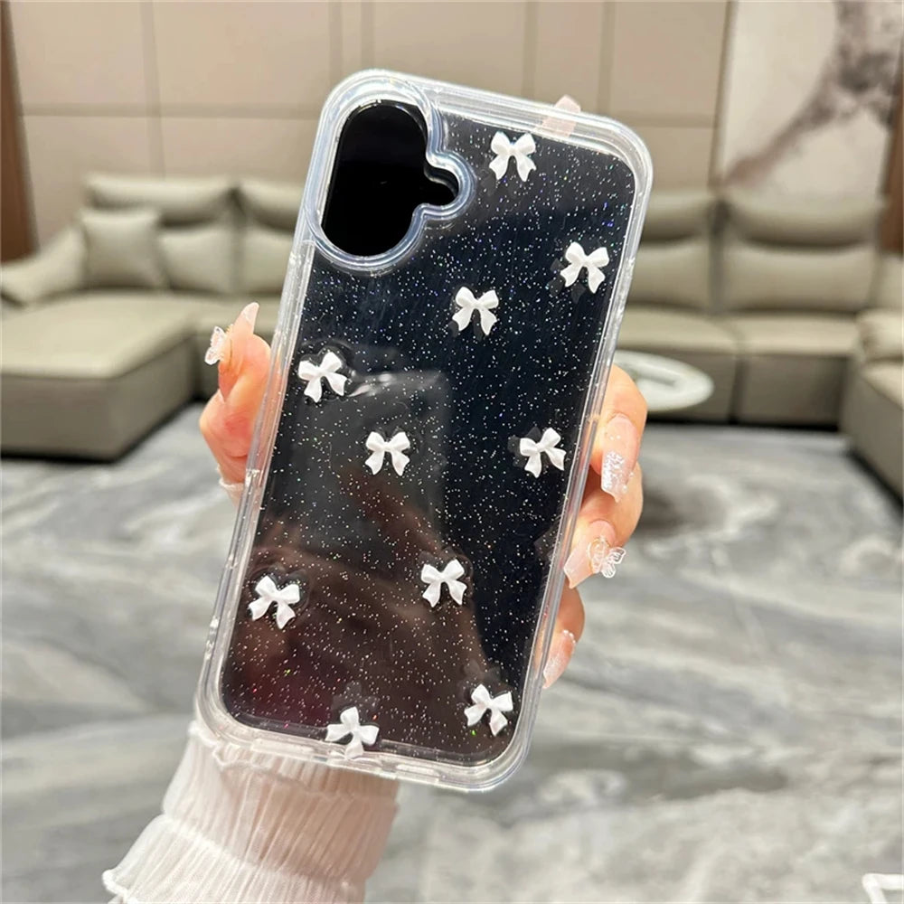 Cute 3D Bowknot Glitter Case For iPhone 16 15 13 11 Pro Max 14 Plus 12 MiNi X XS XR 7 8 SE2 2025 Korean Girl Epoxy Clear Shell