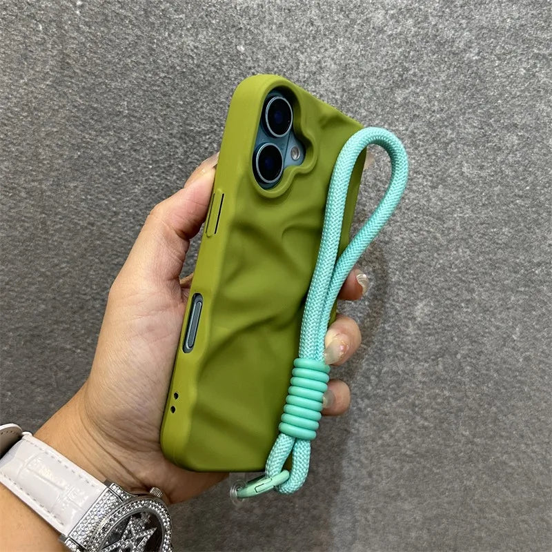Luxury Wrinkle Matte Wrist Strap Case for iPhone 16 15 14 Pro Max 13 12 11 Lanyard Candy Solid Color Ripple Soft Silicone Cover