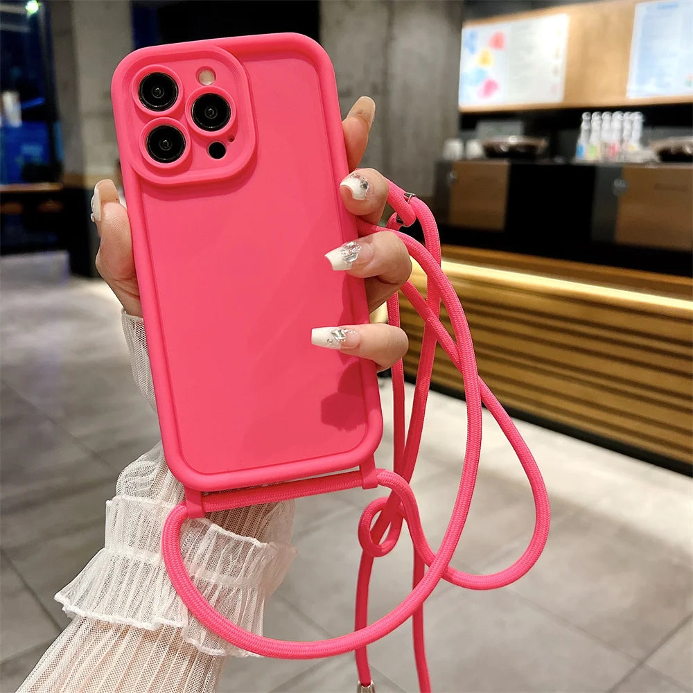 Phone Case For iPhone 14 13 15 16 Pro Max 16E 12 11 X XR XS 7 8 Plus SE 2020 Crossbody Adjustable Lanyard Strap Rope Soft Cover