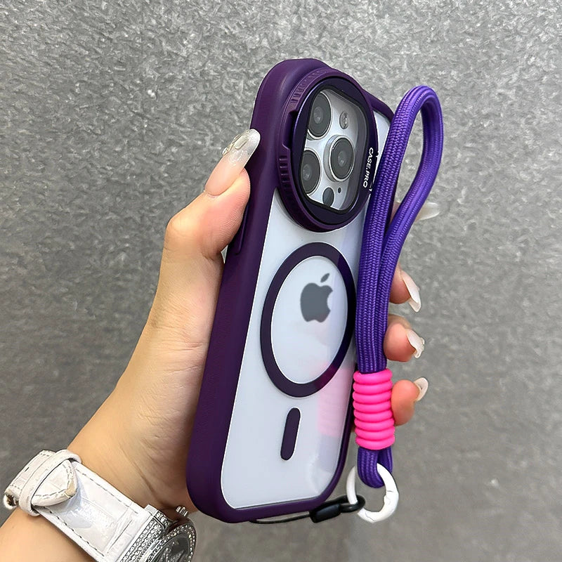 Fold Glass Lens Stand Magnetic Transparent Case For iPhone 16 15 14 13 12 11 Pro Max For Magsafe Wrist Strap Shockproof Cover