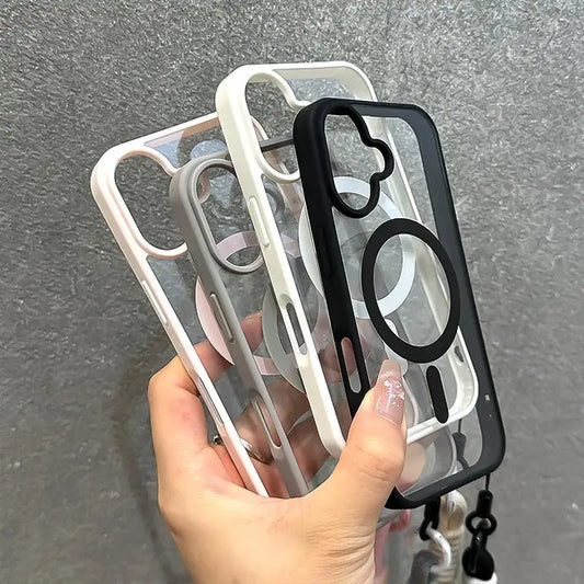Luxury With Lanyard Clear For Magsafe Phone Case For iPhone 14 11 12 13 15 16 Pro Max Shockproof Armour Wrist Strap Back Cover