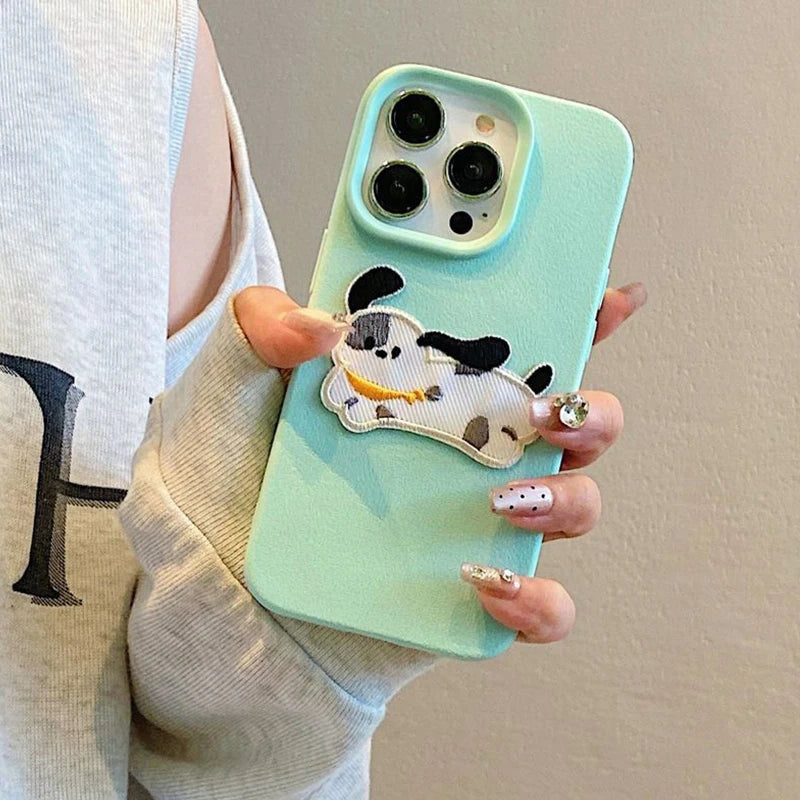 Korean Cute 3D Cartoon Embroidery Dog Phone Case For iPhone 16 15 14 13 11 12 Pro Max Plus Funny Puppy Leather Pattern Cover