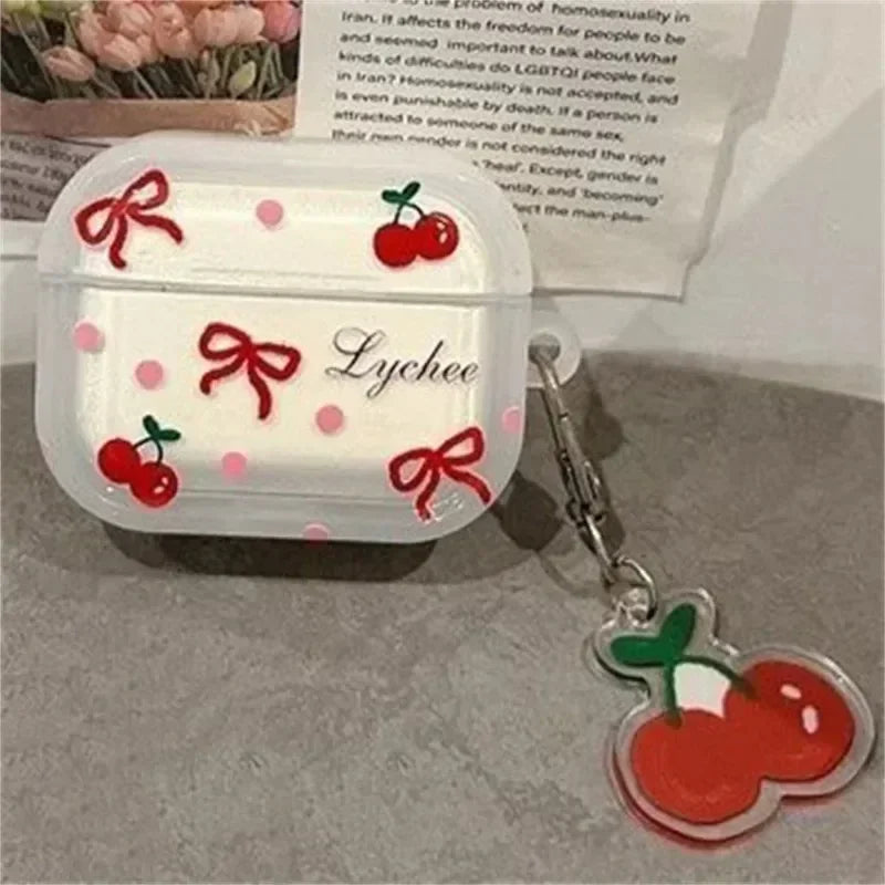 Korean Cute Bow Cherry Earphone Case For Apple Airpods 4 Pro 2 3 Cover with Charm Silicone Headphone Charging Cases For Airpod