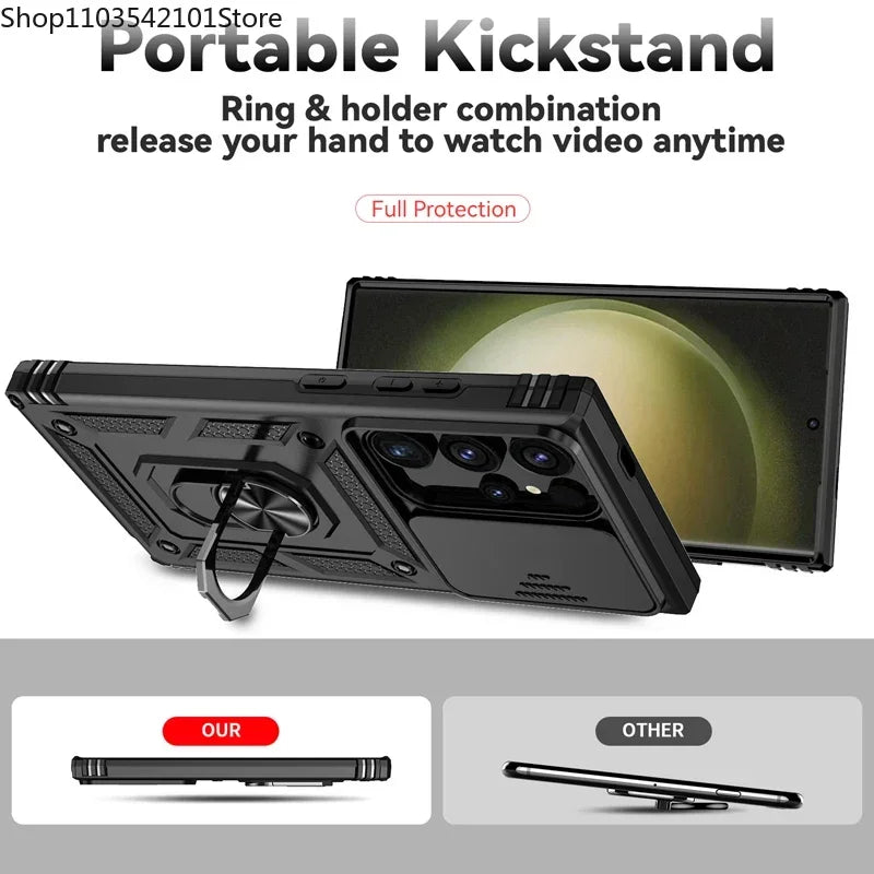 Stand Rotating Slide Camera Lens Military Grade Armor Case For Samsung S25 S24 S23 S22 S21 FE S20 Plus Note 20 Ultra M53 M33