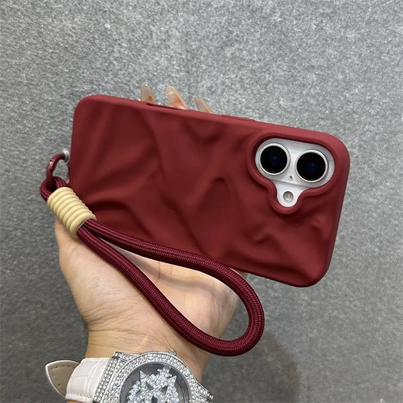 Luxury Wrinkle Matte Wrist Strap Case for iPhone 16 15 14 Pro Max 13 12 11 Lanyard Candy Solid Color Ripple Soft Silicone Cover