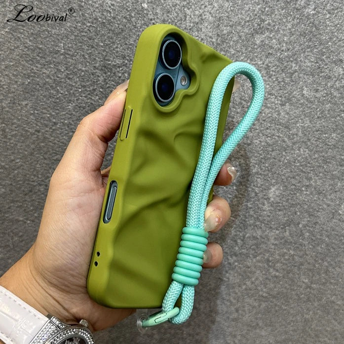 Luxury Wrinkle Matte Wrist Strap Case for iPhone 16 15 14 Pro Max 13 12 11 Lanyard Candy Solid Color Ripple Soft Silicone Cover