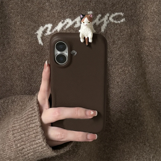 Cute 3D Cartoon Lying Cat Fish Lychee Pattern Leather Phone Case For iPhone 16 15 13 14 12 Pro Max Plus Lovely Soft Back Cover