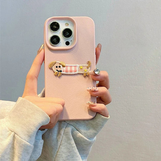Korean Cute 3D Cartoon Embroidery Dog Phone Case For iPhone 16 15 14 13 11 12 Pro Max Plus Funny Puppy Leather Pattern Cover