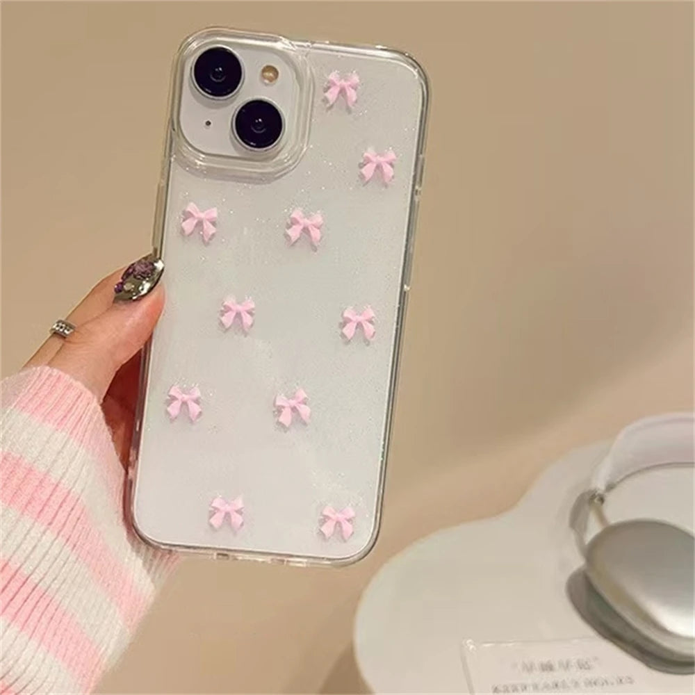 Cute 3D Bowknot Glitter Case For iPhone 16 15 13 11 Pro Max 14 Plus 12 MiNi X XS XR 7 8 SE2 2025 Korean Girl Epoxy Clear Shell