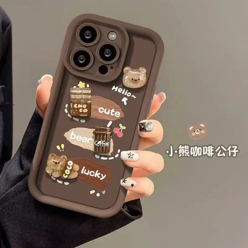 For iPhone 15 Pro Max 16 Plus 14 13 12 Mini 11 SE X XS XR 7 8 3D Bear Dolls Silicone Soft Phone Case