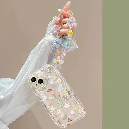 Phone Case For iPhone 16 15 Pro Max 14 11 13 12 Mini XR 8 7 Plus X XS SE 2020 2022 Back Cover Flower Bracelet Wrist Chain Strap