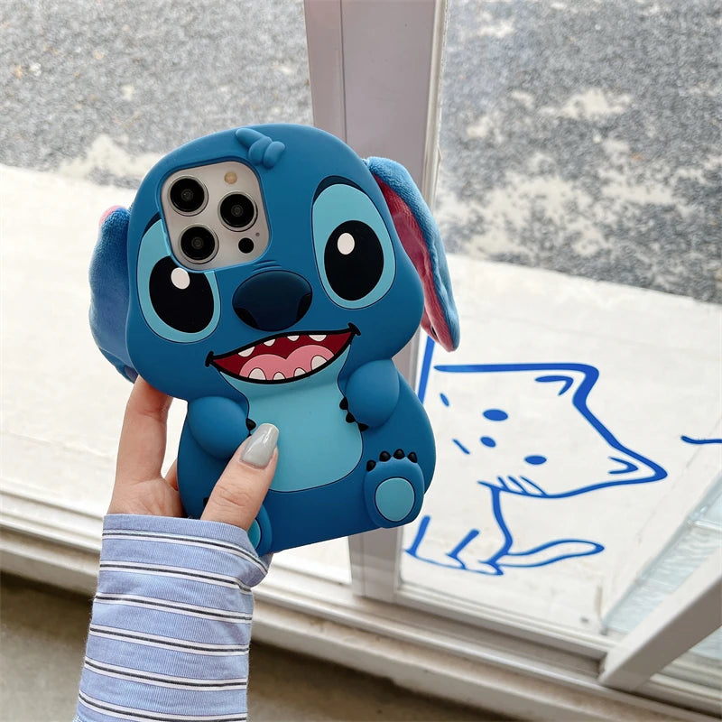 For iPhone 16 promax 15 14 Pro Max 13 12 11 Cases So Cute 3D Cartoon Stitch Phone Case Soft Silicone Fur Plush Ear Strap Cover