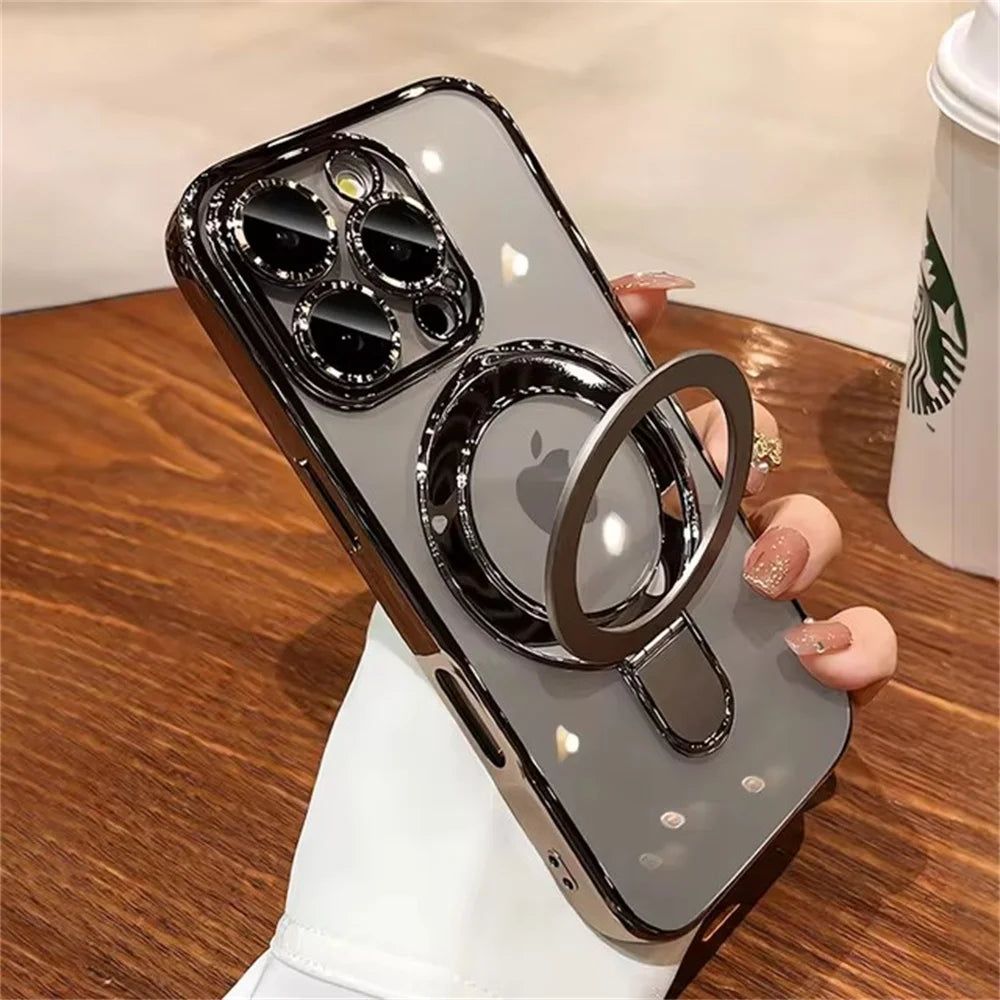 Luxury For Magsafe Bracket Case For iPhone 16 15 14 13 12 11 Pro Max 16 15 Plus Magnetic Ring Stand Holder Clear Acrylic Cover