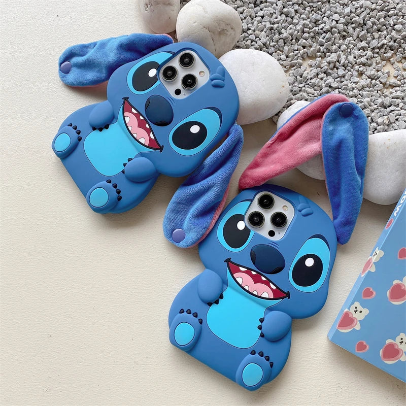 For iPhone 16 promax 15 14 Pro Max 13 12 11 Cases So Cute 3D Cartoon Stitch Phone Case Soft Silicone Fur Plush Ear Strap Cover