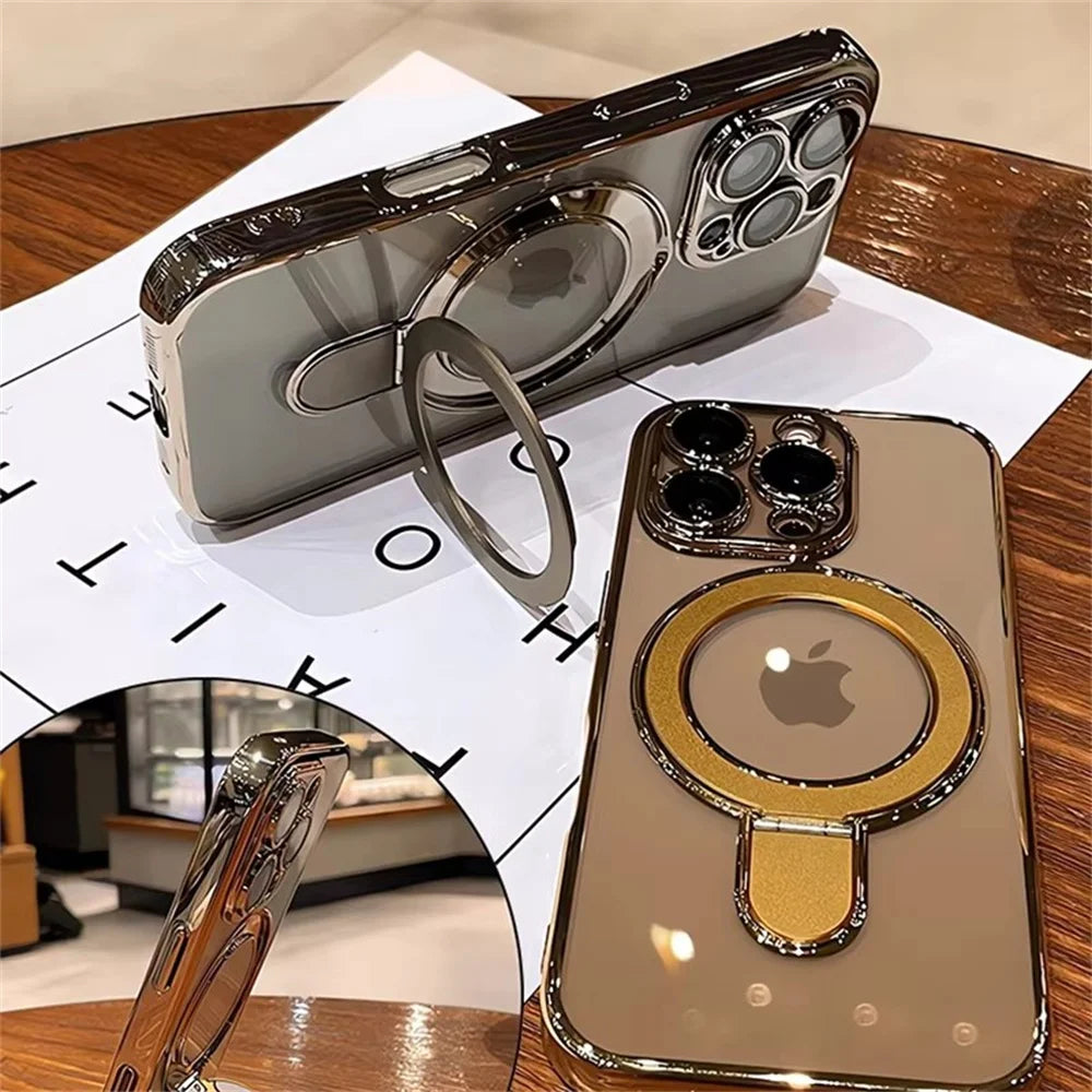 Luxury For Magsafe Bracket Case For iPhone 16 15 14 13 12 11 Pro Max 16 15 Plus Magnetic Ring Stand Holder Clear Acrylic Cover