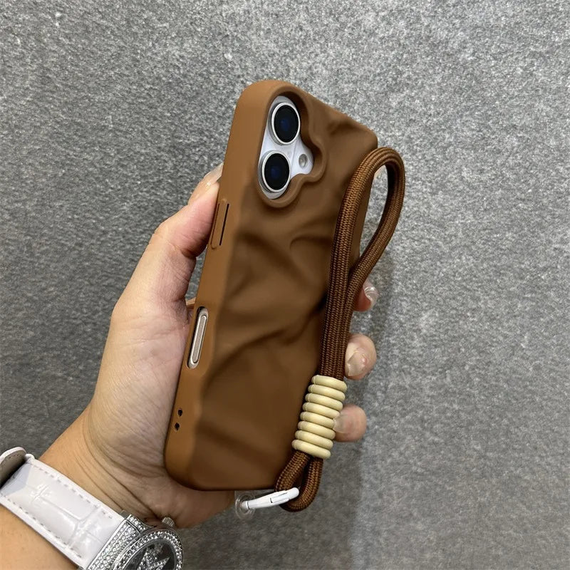 Luxury Wrinkle Matte Wrist Strap Case for iPhone 16 15 14 Pro Max 13 12 11 Lanyard Candy Solid Color Ripple Soft Silicone Cover