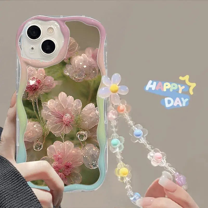 Phone Case For iPhone 16 15 Pro Max 14 11 13 12 Mini XR 8 7 Plus X XS SE 2020 2022 Back Cover Flower Bracelet Wrist Chain Strap
