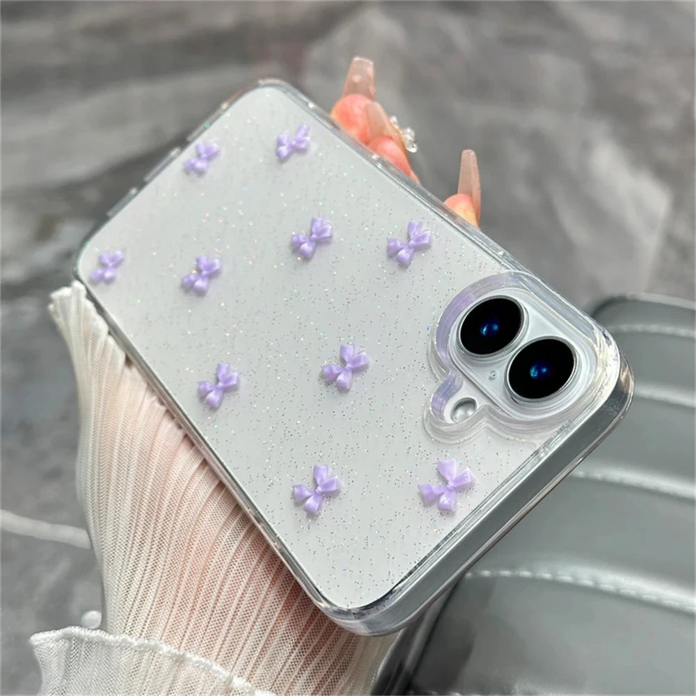 Cute 3D Bowknot Glitter Case For iPhone 16 15 13 11 Pro Max 14 Plus 12 MiNi X XS XR 7 8 SE2 2025 Korean Girl Epoxy Clear Shell