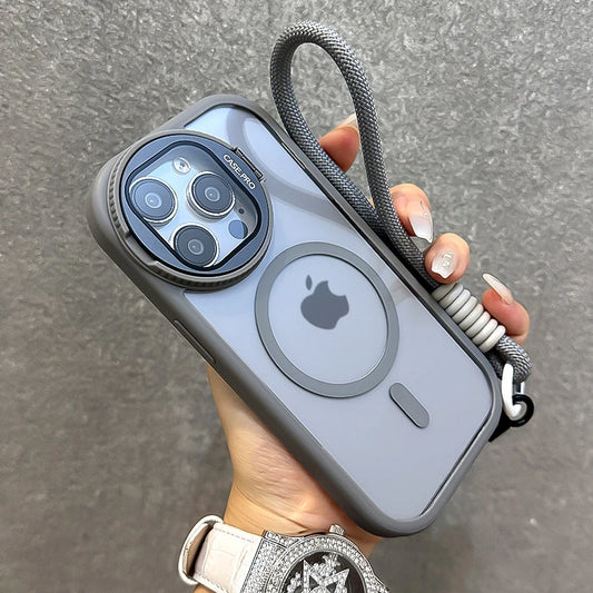 Fold Glass Lens Stand Magnetic Transparent Case For iPhone 16 15 14 13 12 11 Pro Max For Magsafe Wrist Strap Shockproof Cover