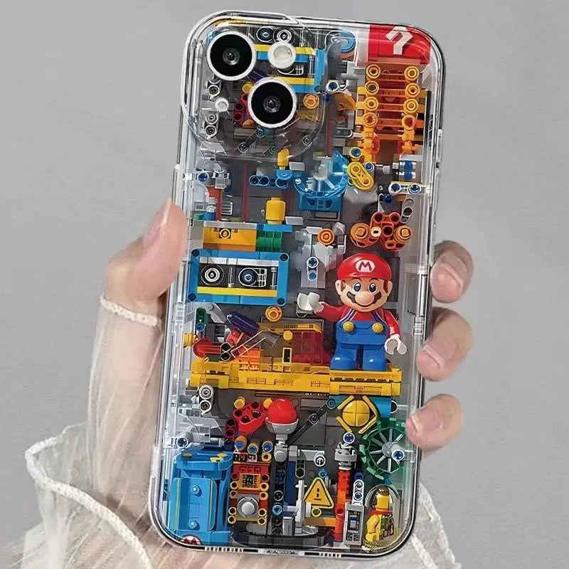 Machinery Building Block M-Marios For iPhone 16 15 14 13 12 11 Pro Max XS Max 7 8Plus Phone Case Soft Silicone Transparent Cover