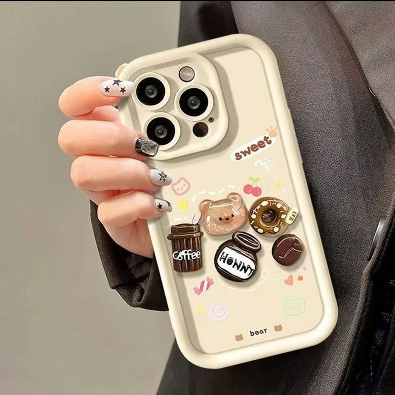 For iPhone 15 Pro Max 16 Plus 14 13 12 Mini 11 SE X XS XR 7 8 3D Bear Dolls Silicone Soft Phone Case