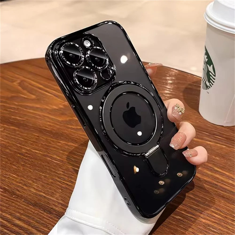 Luxury For Magsafe Bracket Case For iPhone 16 15 14 13 12 11 Pro Max 16 15 Plus Magnetic Ring Stand Holder Clear Acrylic Cover