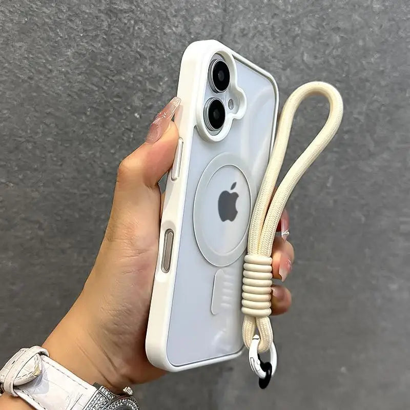Luxury With Lanyard Clear For Magsafe Phone Case For iPhone 14 11 12 13 15 16 Pro Max Shockproof Armour Wrist Strap Back Cover