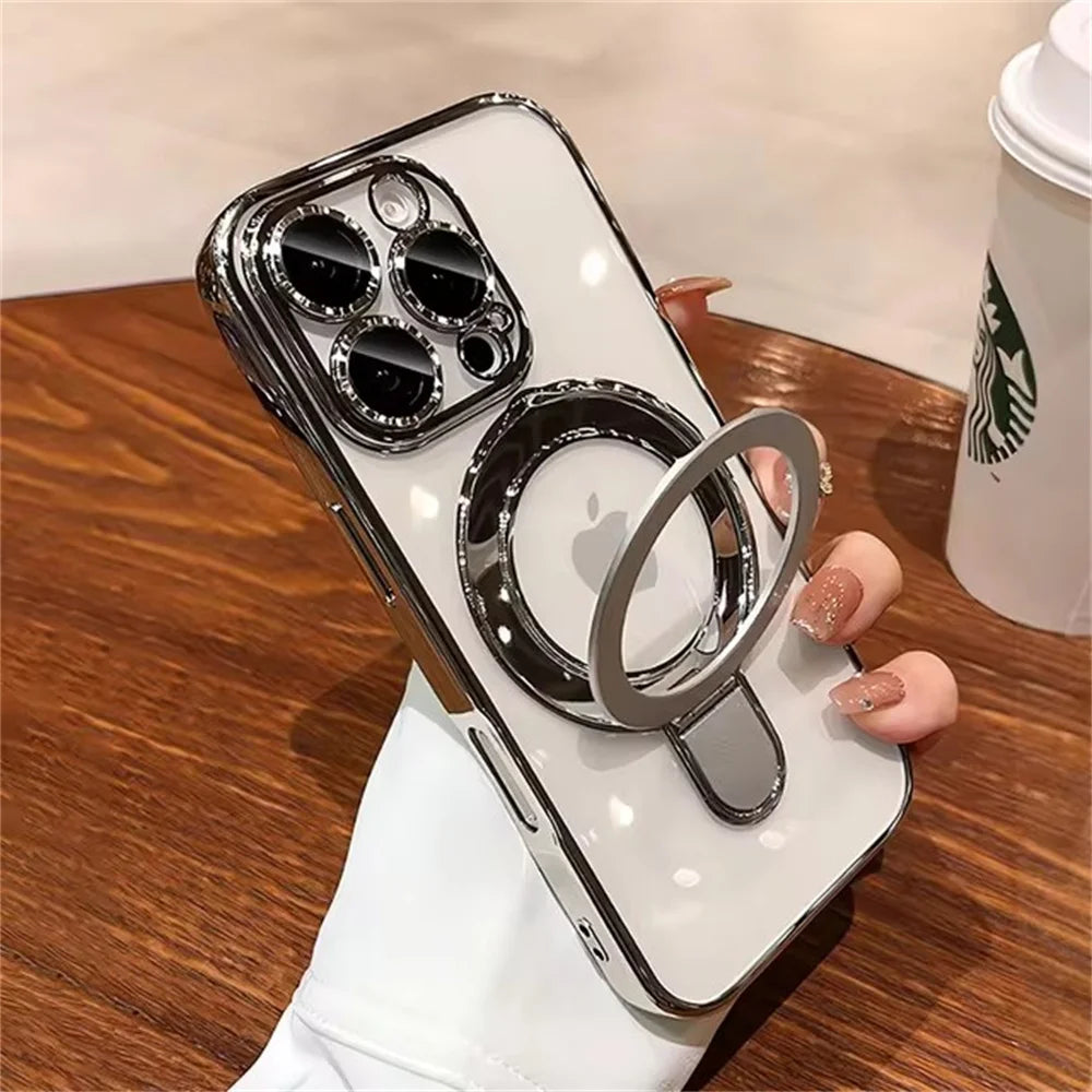Luxury For Magsafe Bracket Case For iPhone 16 15 14 13 12 11 Pro Max 16 15 Plus Magnetic Ring Stand Holder Clear Acrylic Cover