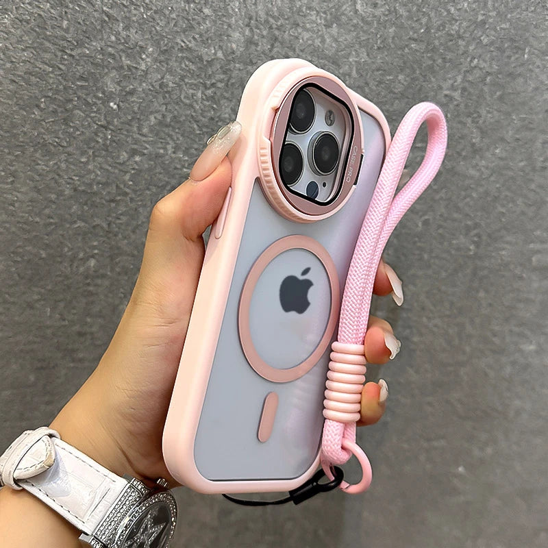 Fold Glass Lens Stand Magnetic Transparent Case For iPhone 16 15 14 13 12 11 Pro Max For Magsafe Wrist Strap Shockproof Cover