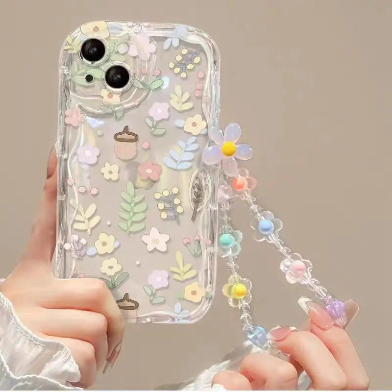 Phone Case For iPhone 16 15 Pro Max 14 11 13 12 Mini XR 8 7 Plus X XS SE 2020 2022 Back Cover Flower Bracelet Wrist Chain Strap