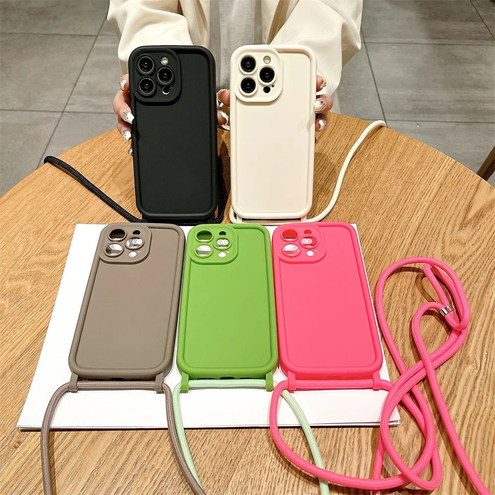 Phone Case For iPhone 14 13 15 16 Pro Max 16E 12 11 X XR XS 7 8 Plus SE 2020 Crossbody Adjustable Lanyard Strap Rope Soft Cover