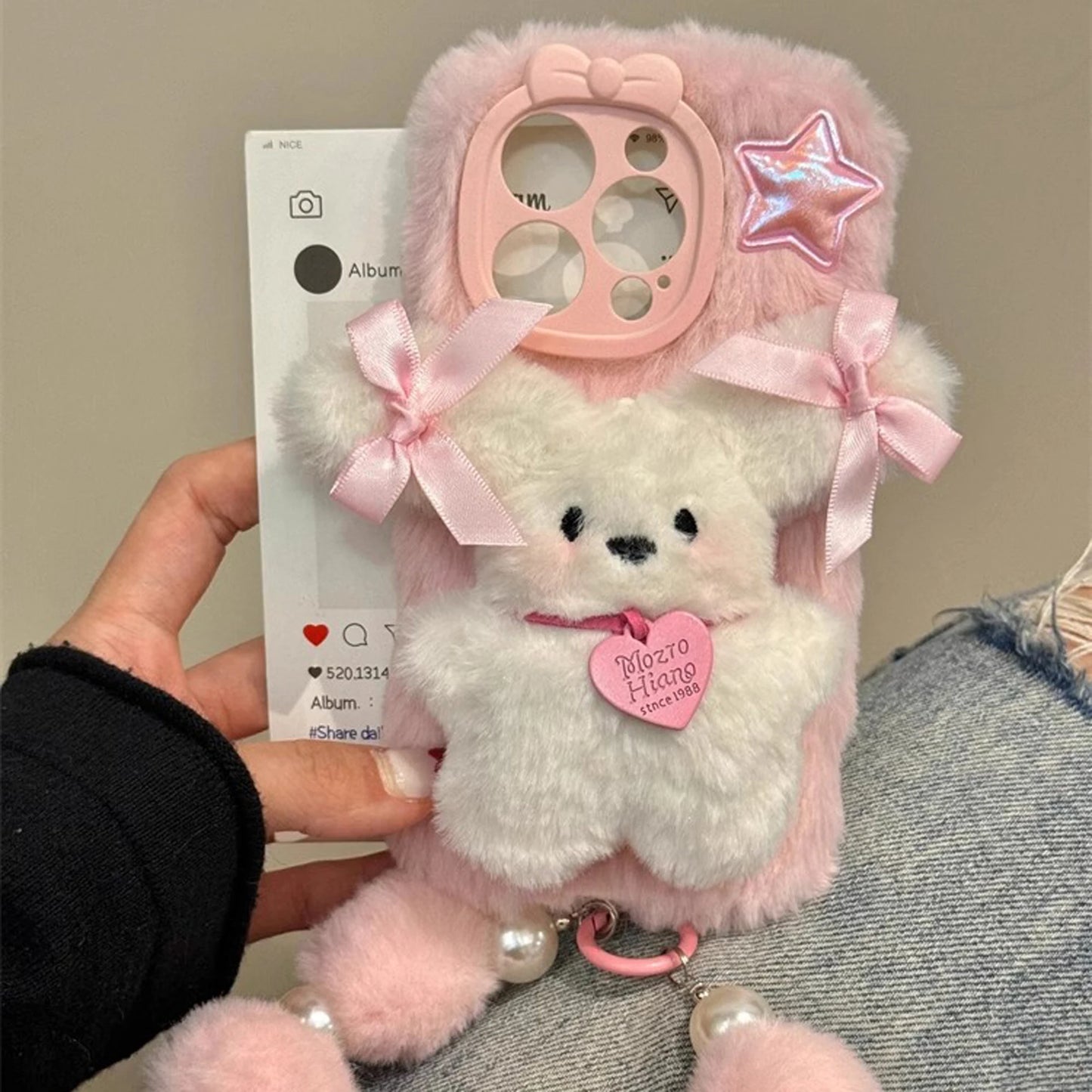 Pink Plush 3D Doll Case with Chain Cute Cell Phone Accessories For iPhone 16 15 14 13 12 11 Pro Max