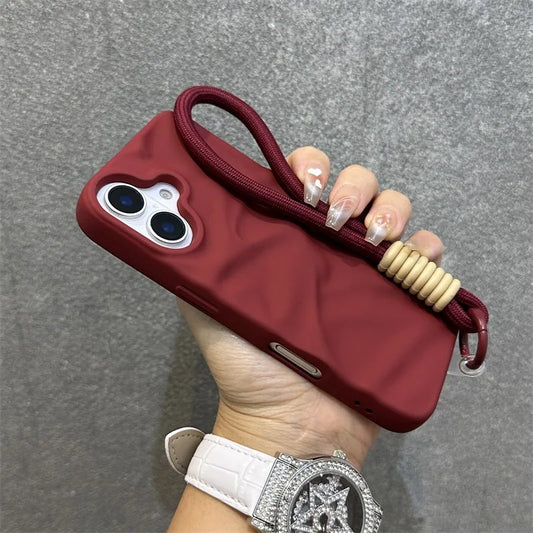 Luxury Wrinkle Matte Wrist Strap Case for iPhone 16 15 14 Pro Max 13 12 11 Lanyard Candy Solid Color Ripple Soft Silicone Cover