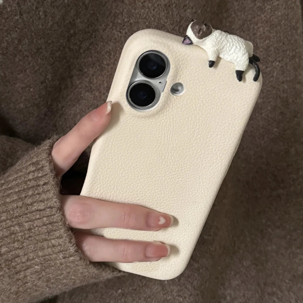 Cute 3D Cartoon Lying Cat Fish Lychee Pattern Leather Phone Case For iPhone 16 15 13 14 12 Pro Max Plus Lovely Soft Back Cover