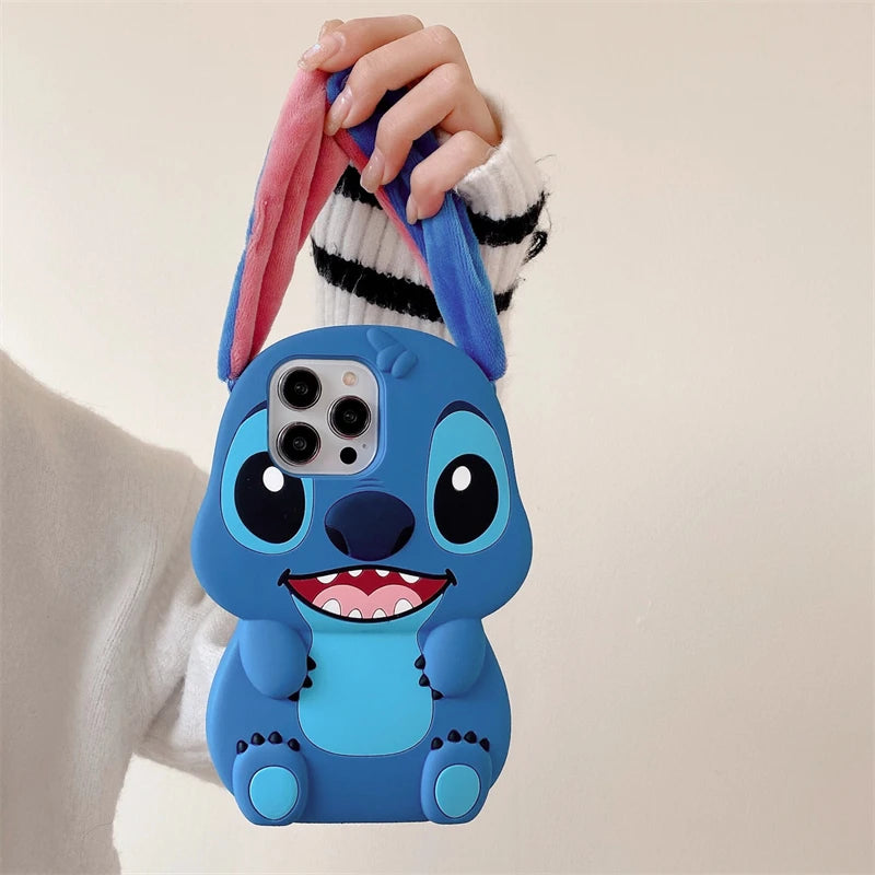 For iPhone 16 promax 15 14 Pro Max 13 12 11 Cases So Cute 3D Cartoon Stitch Phone Case Soft Silicone Fur Plush Ear Strap Cover