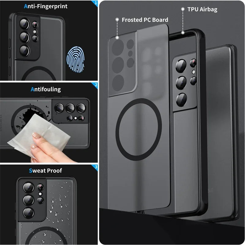 Matte Magnetic For Samsung Galaxy S25 S24 S23 S22 S21 S20 Ultra Plus FE A54 A53 A13 Note 20 10 5G Case Wireless Charge Cover