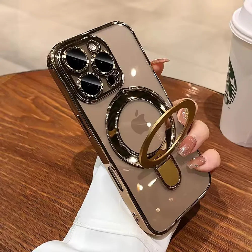 Luxury For Magsafe Bracket Case For iPhone 16 15 14 13 12 11 Pro Max 16 15 Plus Magnetic Ring Stand Holder Clear Acrylic Cover