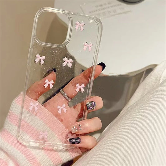 Cute 3D Bowknot Glitter Case For iPhone 16 15 13 11 Pro Max 14 Plus 12 MiNi X XS XR 7 8 SE2 2025 Korean Girl Epoxy Clear Shell