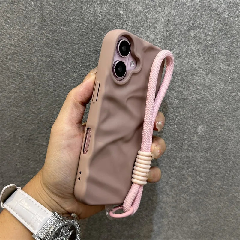 Luxury Wrinkle Matte Wrist Strap Case for iPhone 16 15 14 Pro Max 13 12 11 Lanyard Candy Solid Color Ripple Soft Silicone Cover