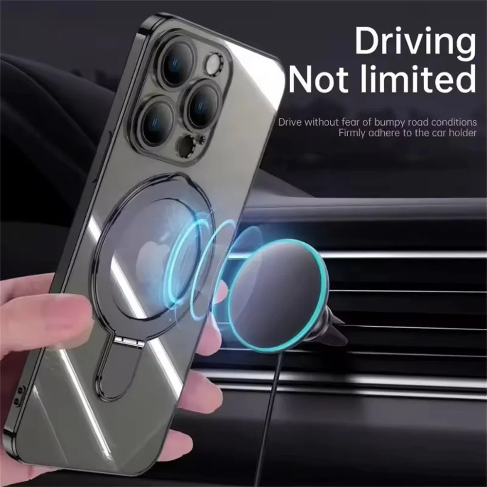 Luxury For Magsafe Bracket Case For iPhone 16 15 14 13 12 11 Pro Max 16 15 Plus Magnetic Ring Stand Holder Clear Acrylic Cover
