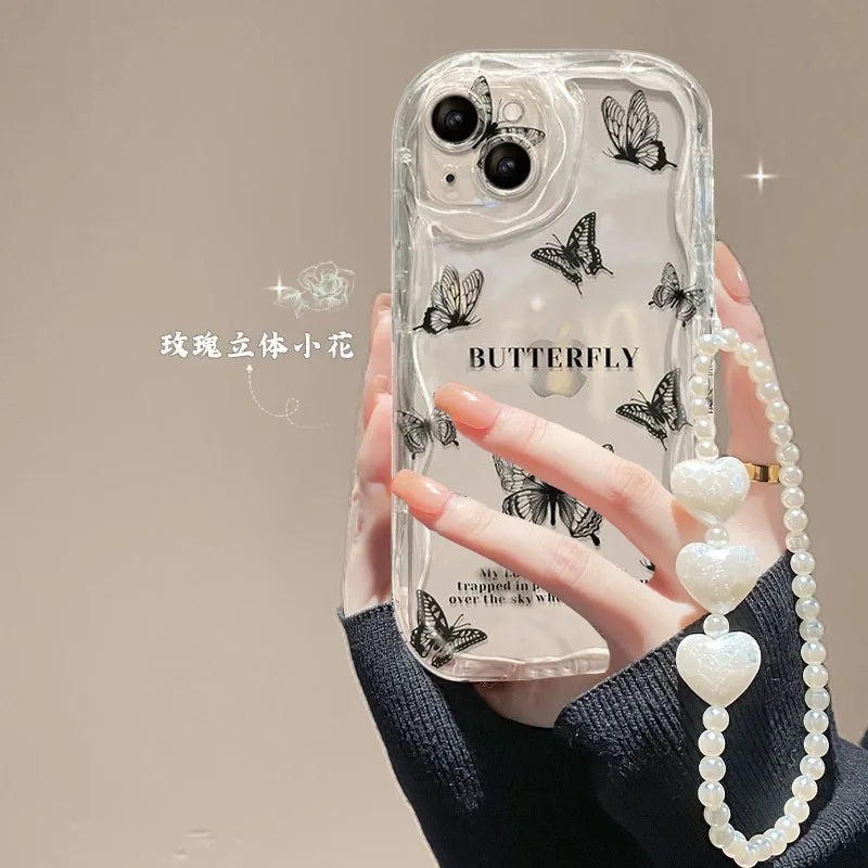 Phone Case For iPhone 16 15 Pro Max 14 11 13 12 Mini XR 8 7 Plus X XS SE 2020 2022 Back Cover Flower Bracelet Wrist Chain Strap