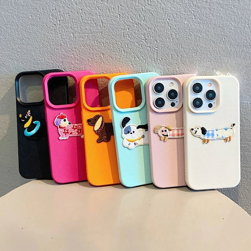 Korean Cute 3D Cartoon Embroidery Dog Phone Case For iPhone 16 15 14 13 11 12 Pro Max Plus Funny Puppy Leather Pattern Cover