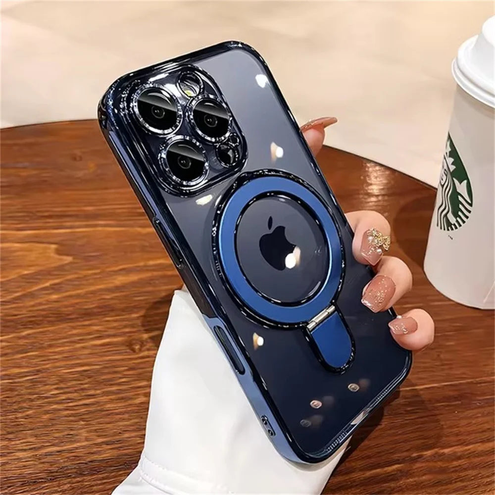 Luxury For Magsafe Bracket Case For iPhone 16 15 14 13 12 11 Pro Max 16 15 Plus Magnetic Ring Stand Holder Clear Acrylic Cover