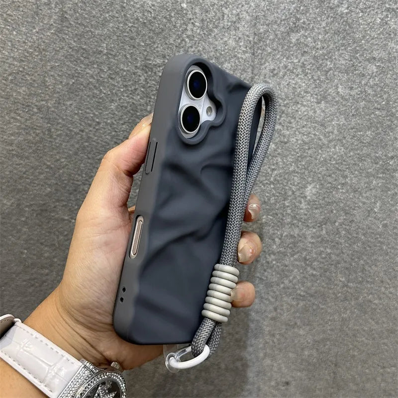 Luxury Wrinkle Matte Wrist Strap Case for iPhone 16 15 14 Pro Max 13 12 11 Lanyard Candy Solid Color Ripple Soft Silicone Cover