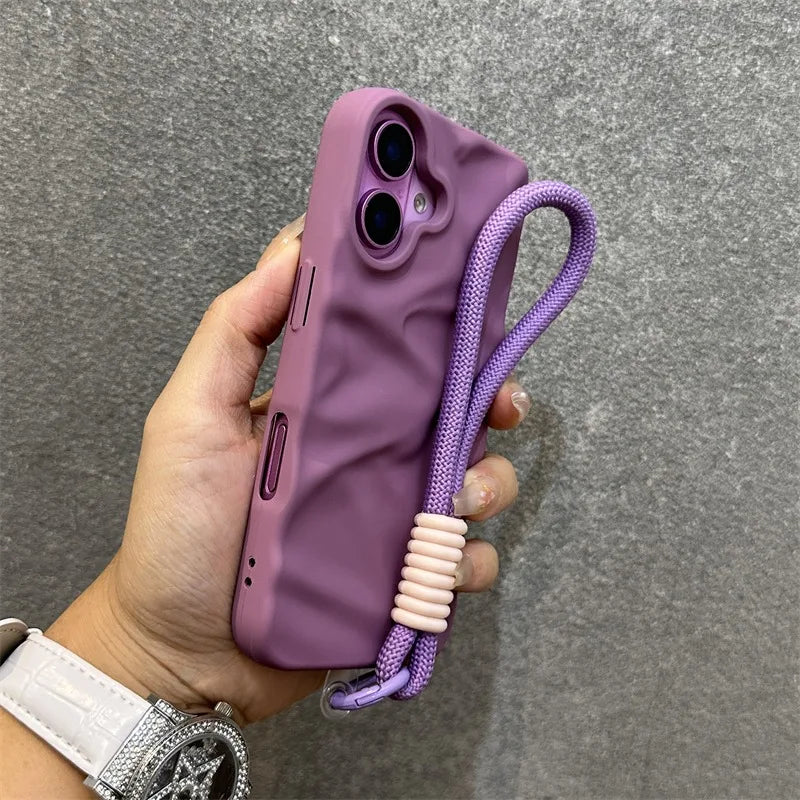 Luxury Wrinkle Matte Wrist Strap Case for iPhone 16 15 14 Pro Max 13 12 11 Lanyard Candy Solid Color Ripple Soft Silicone Cover