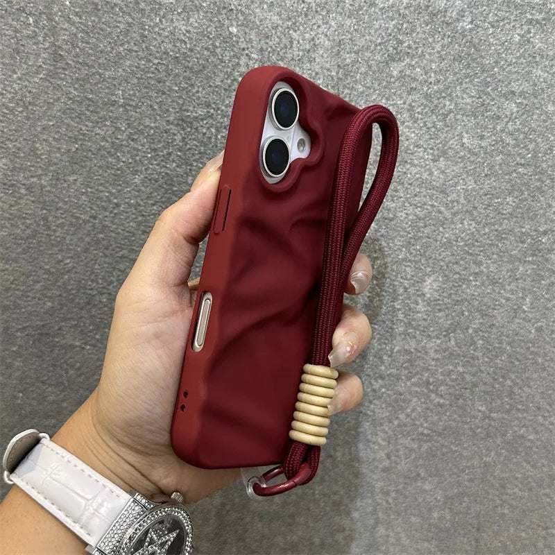 Luxury Wrinkle Matte Wrist Strap Case for iPhone 16 15 14 Pro Max 13 12 11 Lanyard Candy Solid Color Ripple Soft Silicone Cover