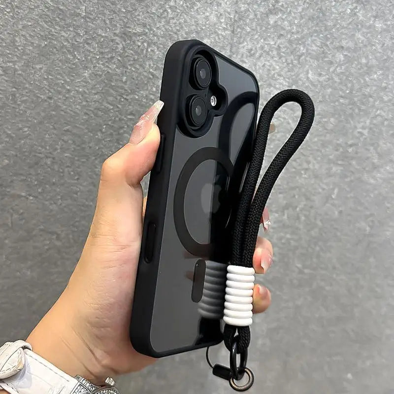 Luxury With Lanyard Clear For Magsafe Phone Case For iPhone 14 11 12 13 15 16 Pro Max Shockproof Armour Wrist Strap Back Cover