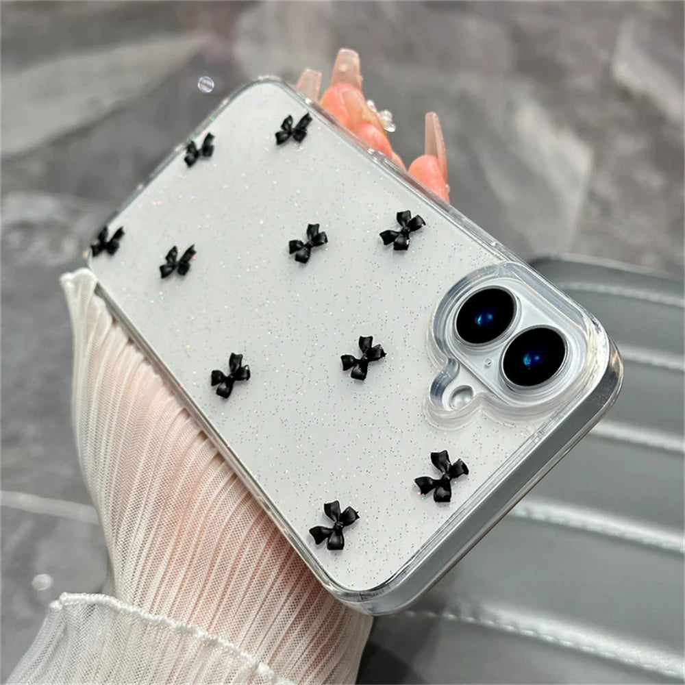 Cute 3D Bowknot Glitter Case For iPhone 16 15 13 11 Pro Max 14 Plus 12 MiNi X XS XR 7 8 SE2 2025 Korean Girl Epoxy Clear Shell