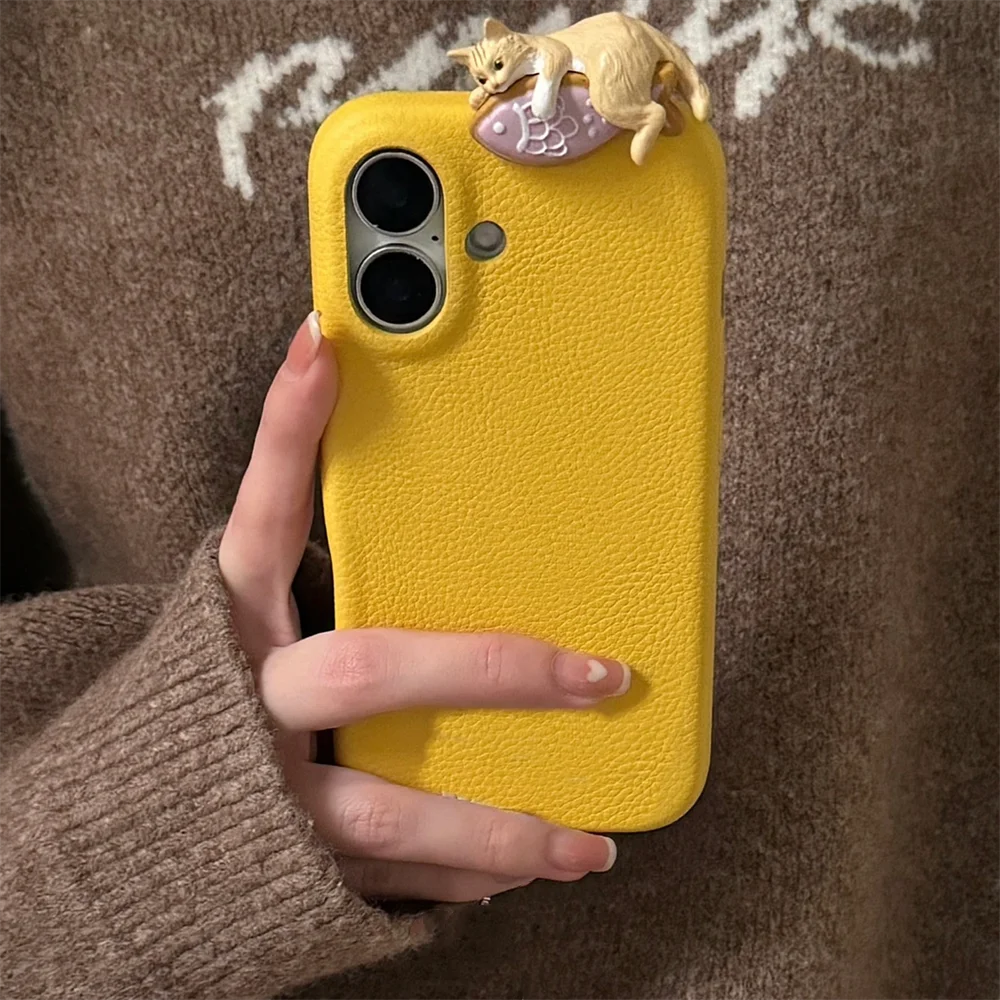 Cute 3D Cartoon Lying Cat Fish Lychee Pattern Leather Phone Case For iPhone 16 15 13 14 12 Pro Max Plus Lovely Soft Back Cover